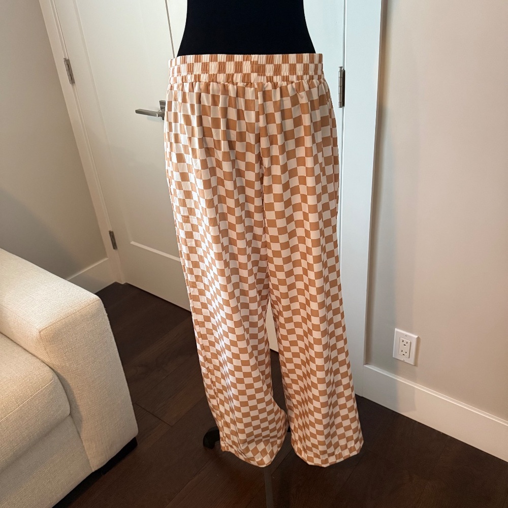 Wide Leg Checkered Pants XL Tan White Pull-On Elastic Waist Lounge Pants - Picture 3 of 7